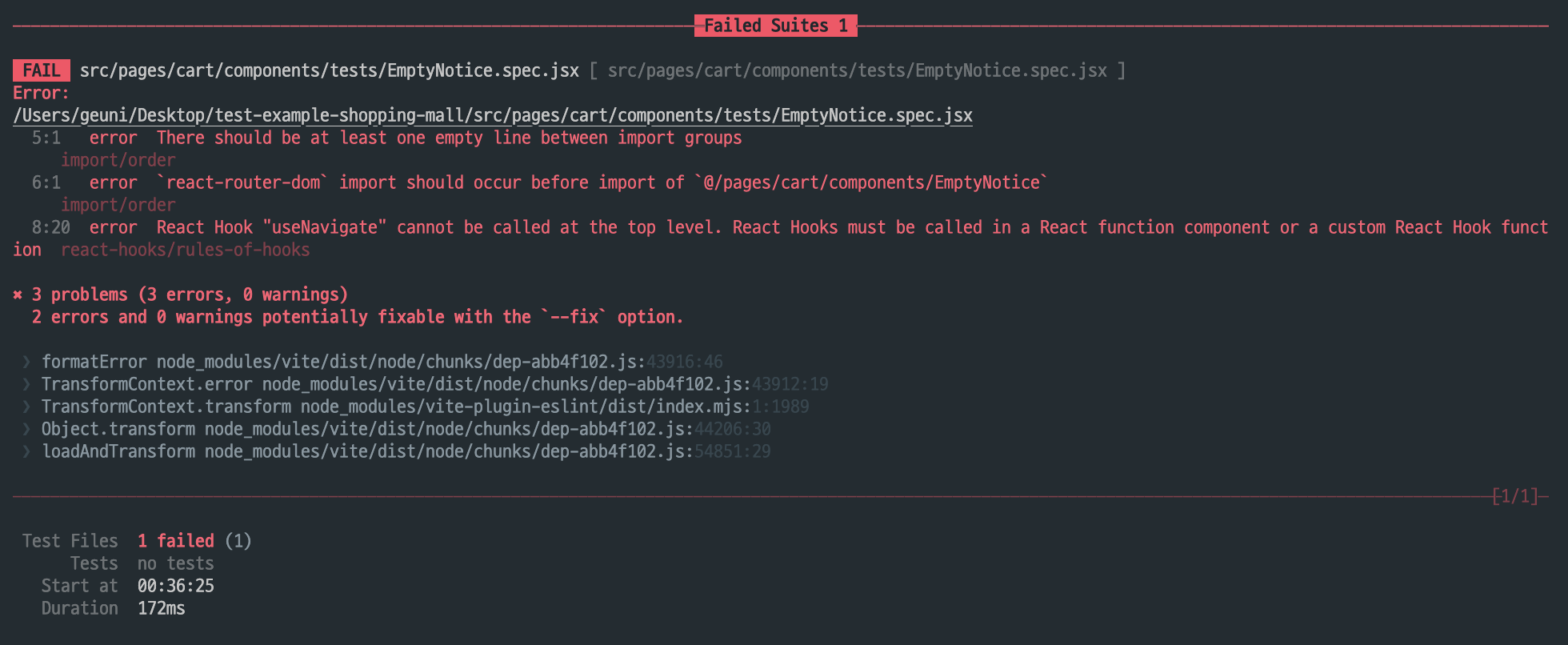 useNavigate 훅이 Router context 없이 동작하지 않기 때문에 실패한다.
